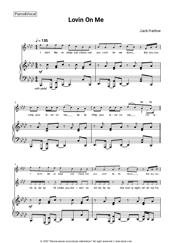 Lovin On Me - Jack Harlow Piano Sheet Music with the Voice part - Piano&Vocal