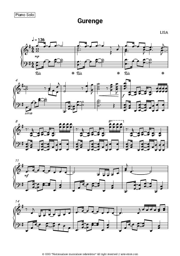 Gurenge - LiSA (JPN) Piano Sheet Music - Piano.Solo