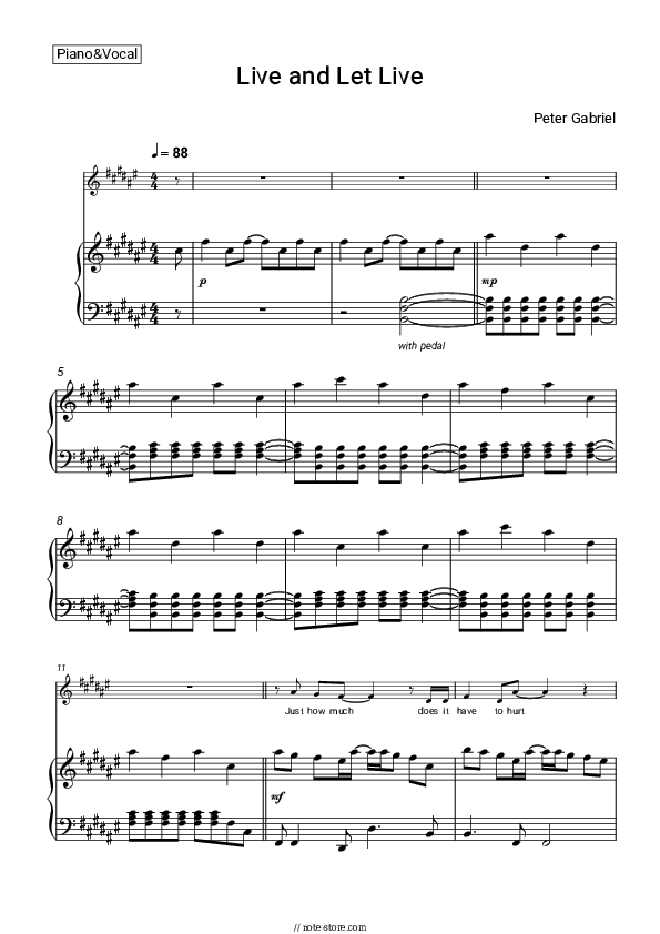 Live and Let Live - Peter Gabriel Piano Sheet Music with the Voice part - Piano&Vocal