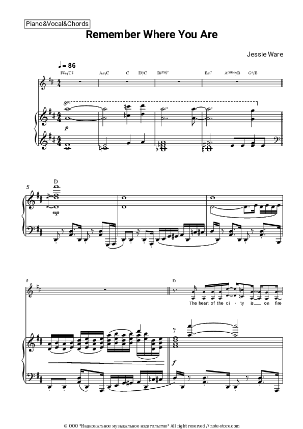 Remember Where You Are - Jessie Ware Piano Sheet Music with the Vocal and Chords - Piano&Vocal&Chords