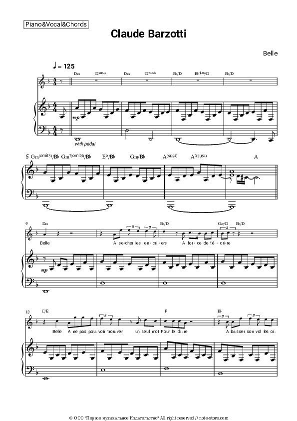 Belle - Claude Barzotti Piano Sheet Music with the Vocal and Chords - Piano&Vocal&Chords