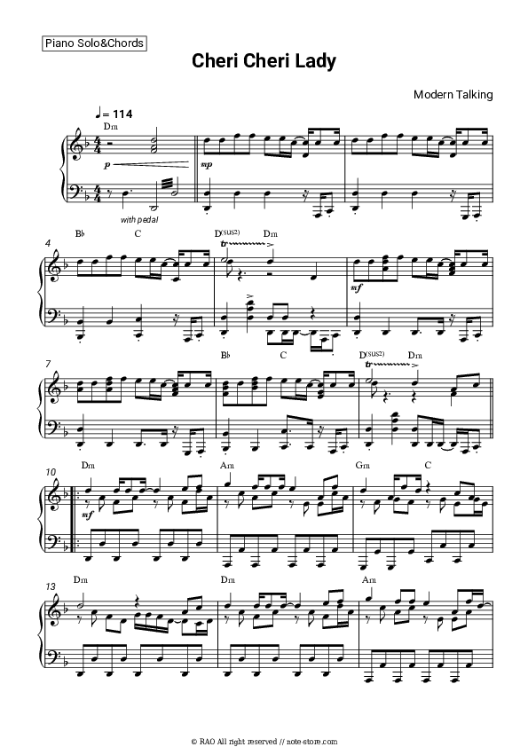 Cheri Cheri Lady - Modern Talking Piano Sheet Music and Chords - Piano.Solo&Chords