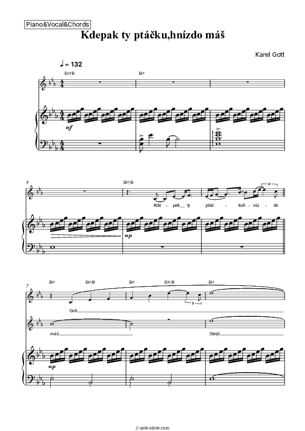 Kdepak ty ptacku hnizdo mas - Karel Gott Piano Sheet Music with the Vocal and Chords - Piano&Vocal&Chords