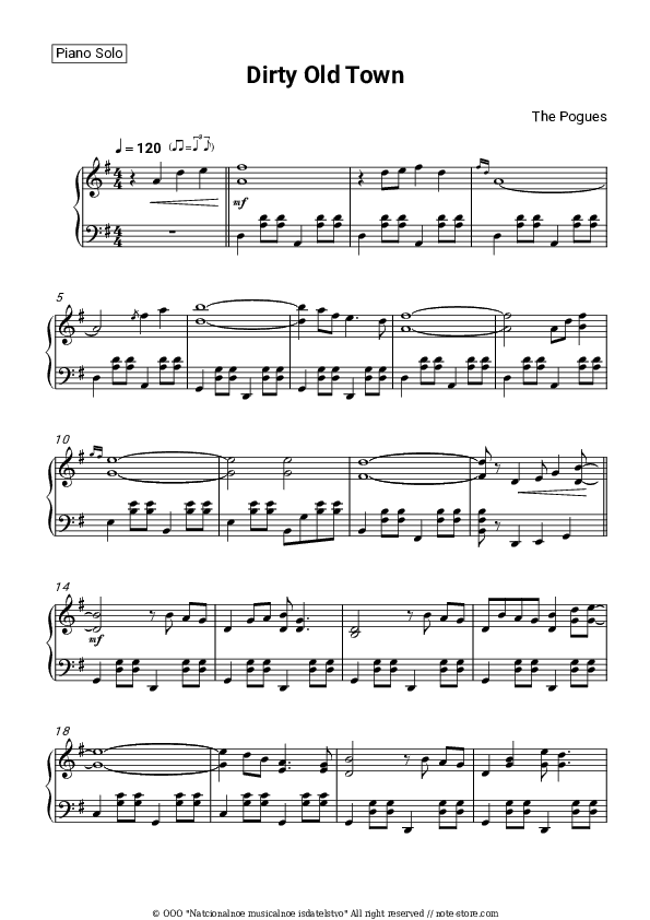 Dirty Old Town - The Pogues Piano Sheet Music - Piano.Solo