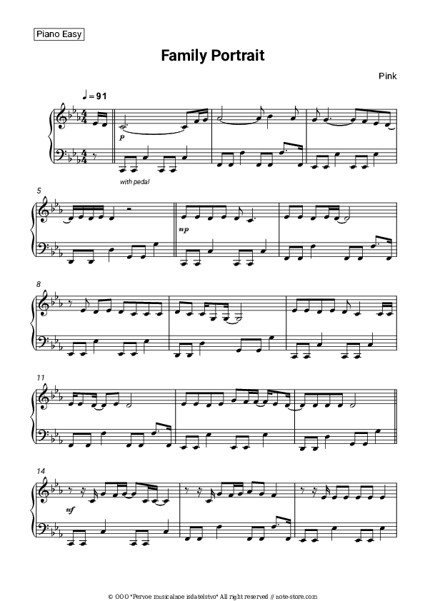 Family Portrait - P!nk Piano Sheet Music Easy - Piano.Easy