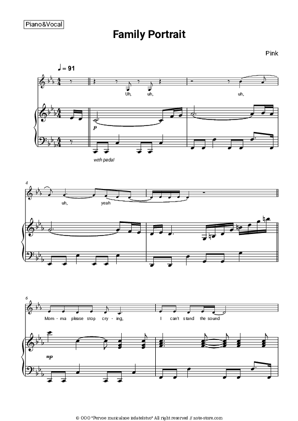 Family Portrait - P!nk Piano Sheet Music with the Voice part - Piano&Vocal