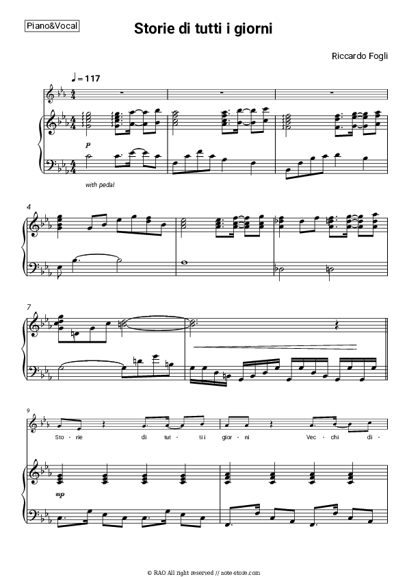 Storie di tutti i giorni - Riccardo Fogli Piano Sheet Music with the Voice part - Piano&Vocal