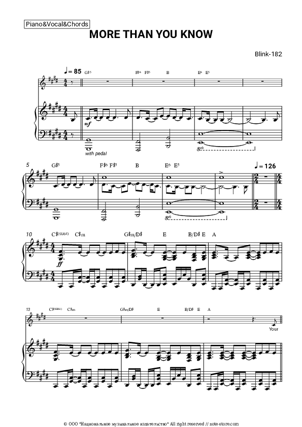 MORE THAN YOU KNOW - Blink-182 Piano Sheet Music with the Vocal and Chords - Piano&Vocal&Chords