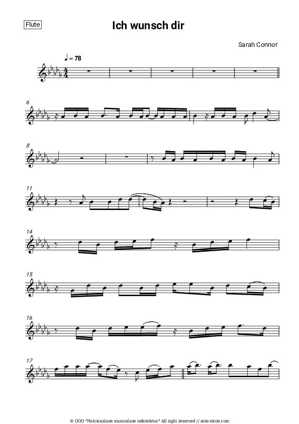 Ich wunsch dir - Sarah Connor Flute Sheet Music - Flute
