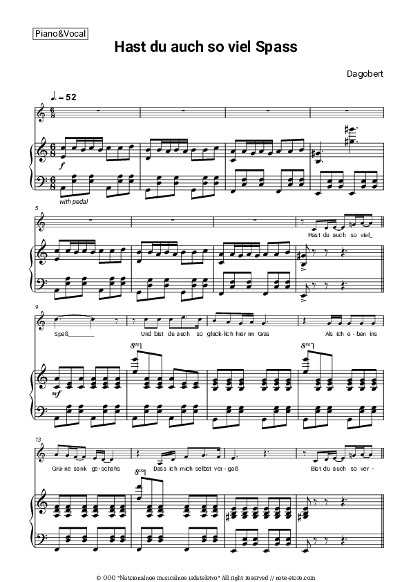 Hast du auch so viel Spaß - Dagobert Piano Sheet Music with the Voice part - Piano&Vocal