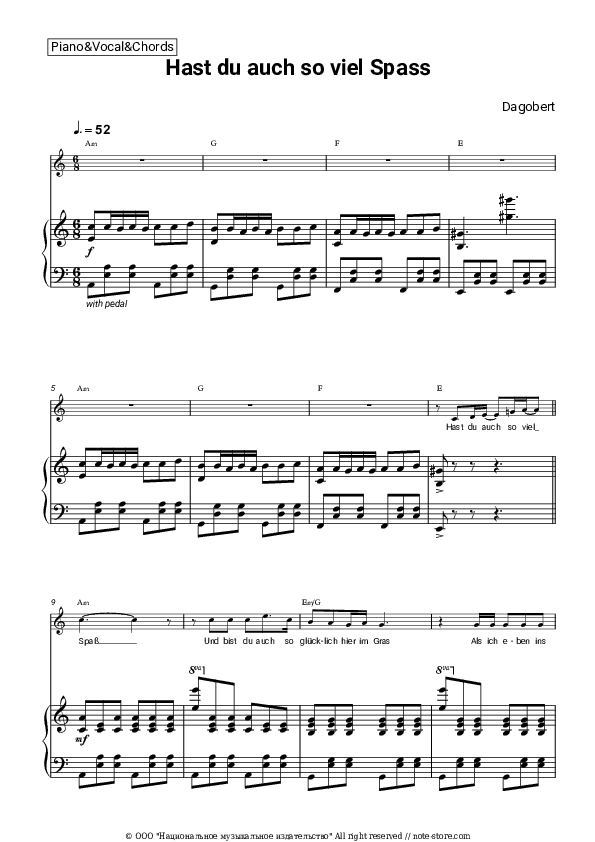 Hast du auch so viel Spaß - Dagobert Piano Sheet Music with the Vocal and Chords - Piano&Vocal&Chords