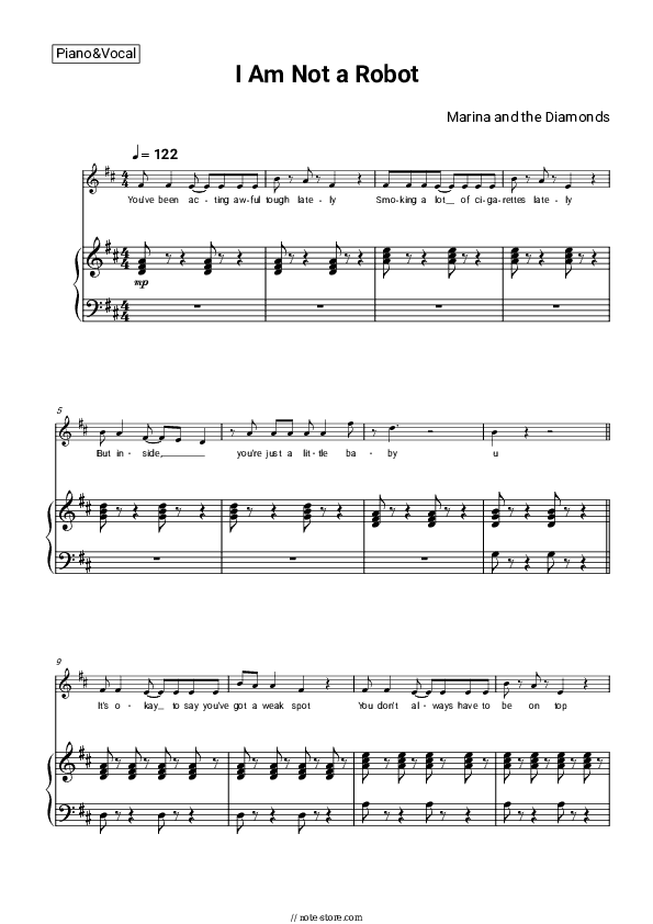 I Am Not a Robot - Marina and the Diamonds Piano Sheet Music with the Voice part - Piano&Vocal