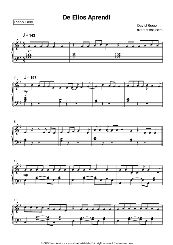 De Ellos Aprendí - David Rees Piano Sheet Music Easy - Piano.Easy