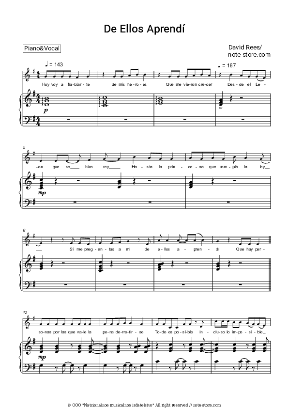 De Ellos Aprendí - David Rees Piano Sheet Music with the Voice part - Piano&Vocal