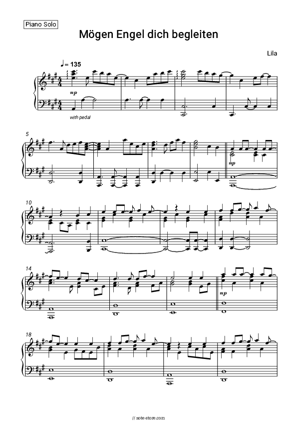 Mögen Engel dich begleiten - Lila Piano Sheet Music - Piano.Solo