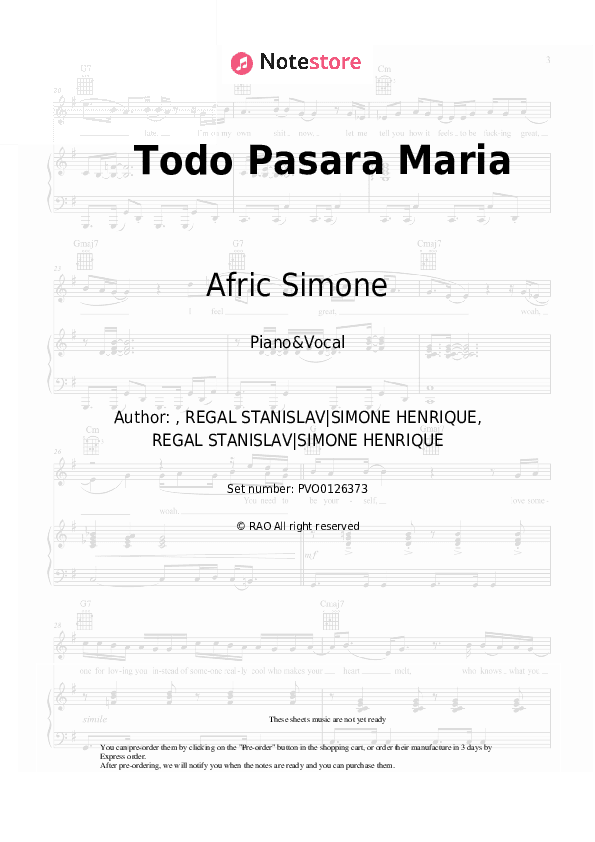 Todo Pasara Maria - Afric Simone Piano Sheet Music with the Voice part - Piano&Vocal