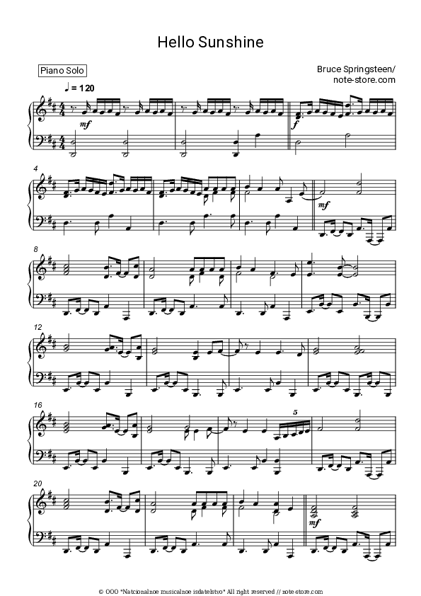 Hello Sunshine - Bruce Springsteen Piano Sheet Music - Piano.Solo