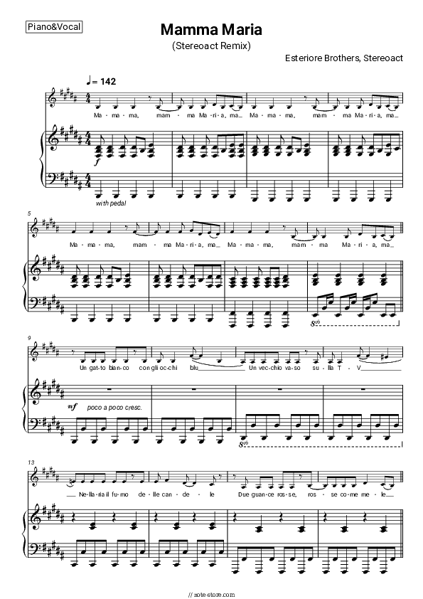 Mamma Maria (Stereoact Remix) - Esteriore Brothers, Stereoact Piano Sheet Music with the Voice part - Piano&Vocal