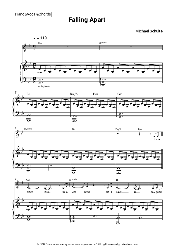 Falling Apart - Michael Schulte Piano Sheet Music with the Vocal and Chords - Piano&Vocal&Chords