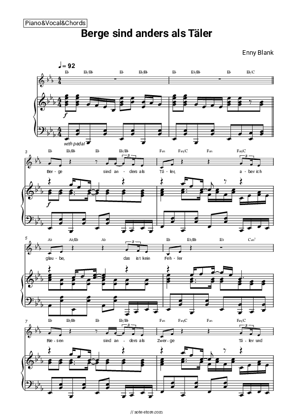 Berge sind anders als Täler - Enny Blank Piano Sheet Music with the Vocal and Chords - Piano&Vocal&Chords