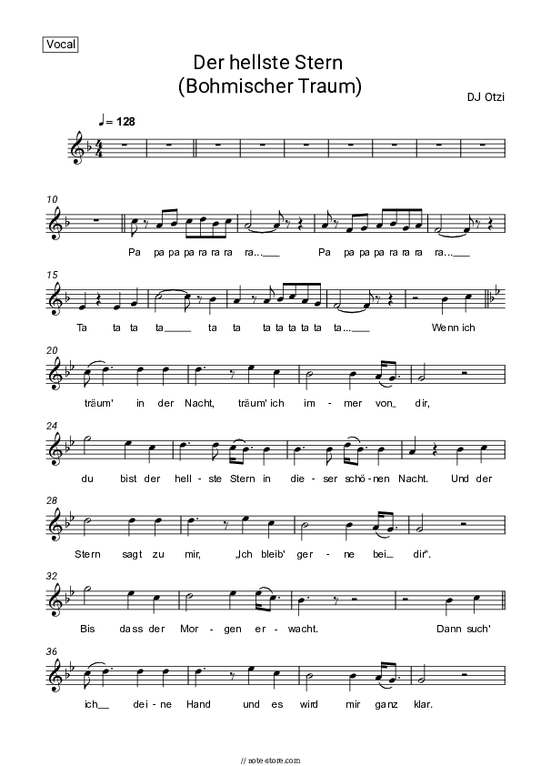 Der hellste Stern (Bohmischer Traum) - DJ Ötzi Vocal Sheet Music - Vocal