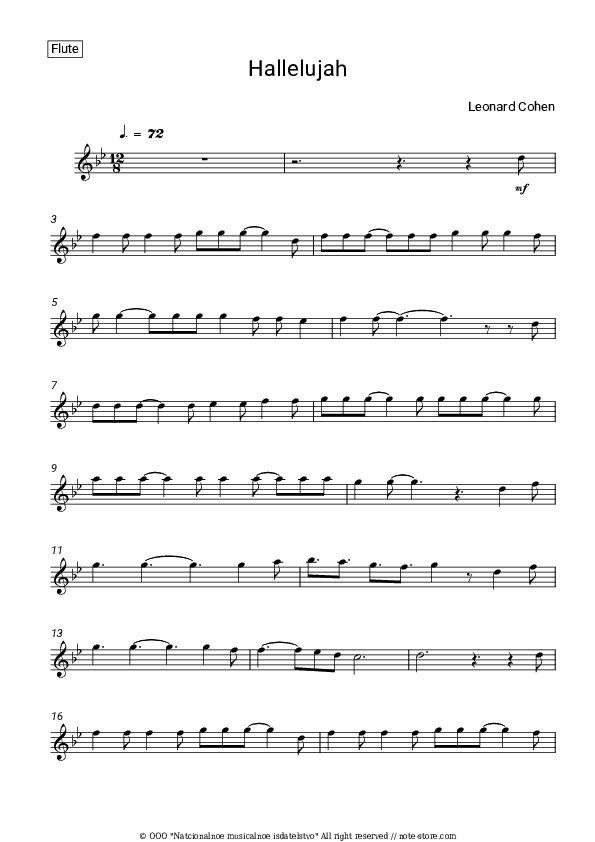 Hallelujah - Leonard Cohen Flute Sheet Music - Flute