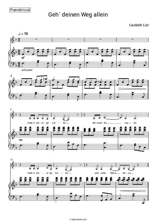 Geh' deinen Weg allein - Liesbeth List Piano Sheet Music with the Voice part - Piano&Vocal
