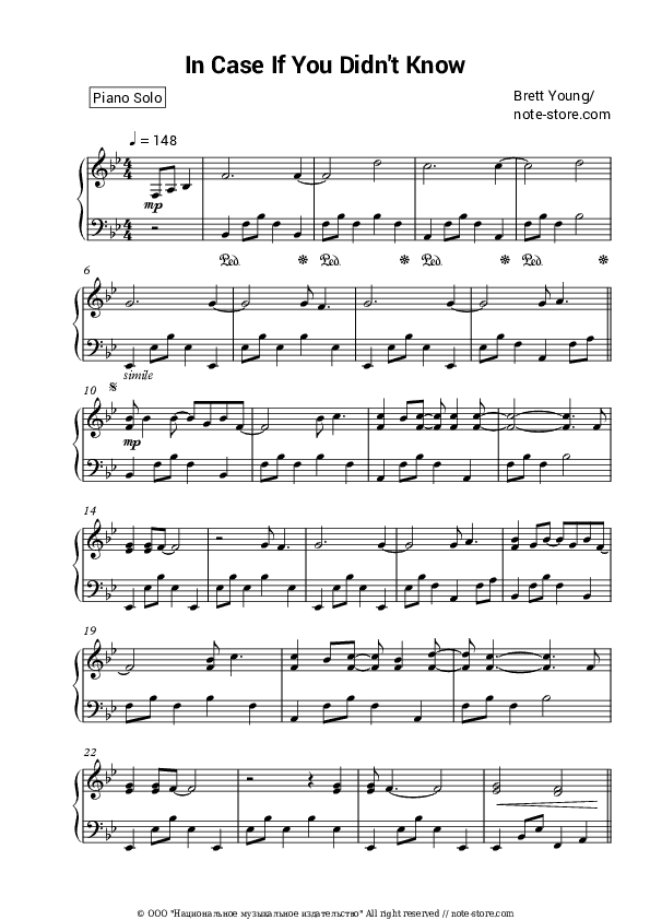 In Case You Didn't Know - Brett Young Piano Sheet Music - Piano.Solo