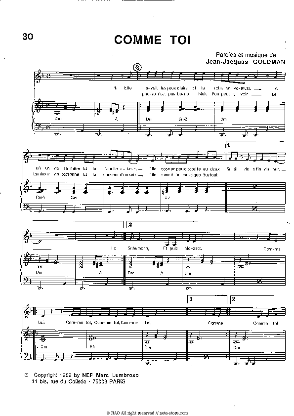 Comme Toi - Jean-Jacques Goldman Piano Sheet Music with the Voice part - Piano&Vocal