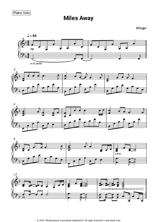 Miles Away - Winger Piano Sheet Music - Piano.Solo