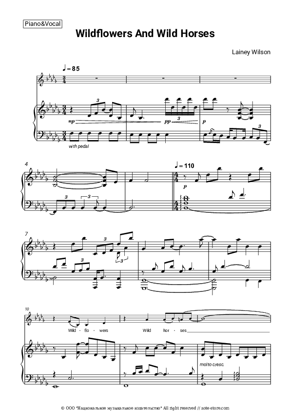 Wildflowers and Wild Horses - Lainey Wilson Piano Sheet Music with the Voice part - Piano&Vocal