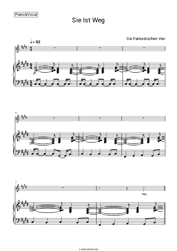 Sie Ist Weg - Die Fantastischen Vier Piano Sheet Music with the Voice part - Piano&Vocal