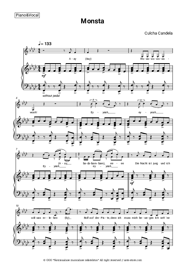 Monsta - Culcha Candela Piano Sheet Music with the Voice part - Piano&Vocal