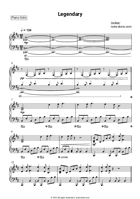 Legendary - Skillet Piano Sheet Music - Piano.Solo