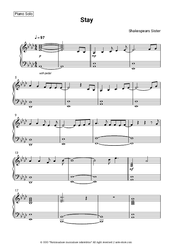 Stay - Shakespear's Sister Piano Sheet Music - Piano.Solo