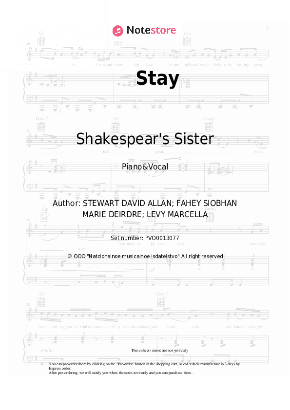Stay - Shakespear's Sister Piano Sheet Music with the Voice part - Piano&Vocal