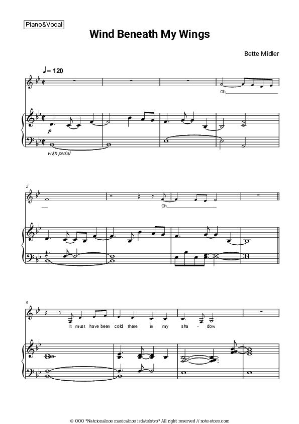 Wind Beneath My Wings - Bette Midler Piano Sheet Music with the Voice part - Piano&Vocal