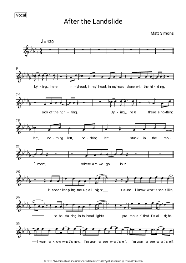 After the Landslide - Matt Simons Vocal Sheet Music - Vocal