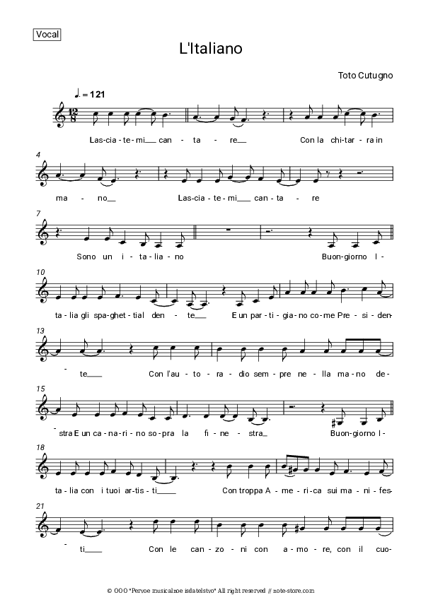 L'italiano - Toto Cutugno Vocal Sheet Music - Vocal