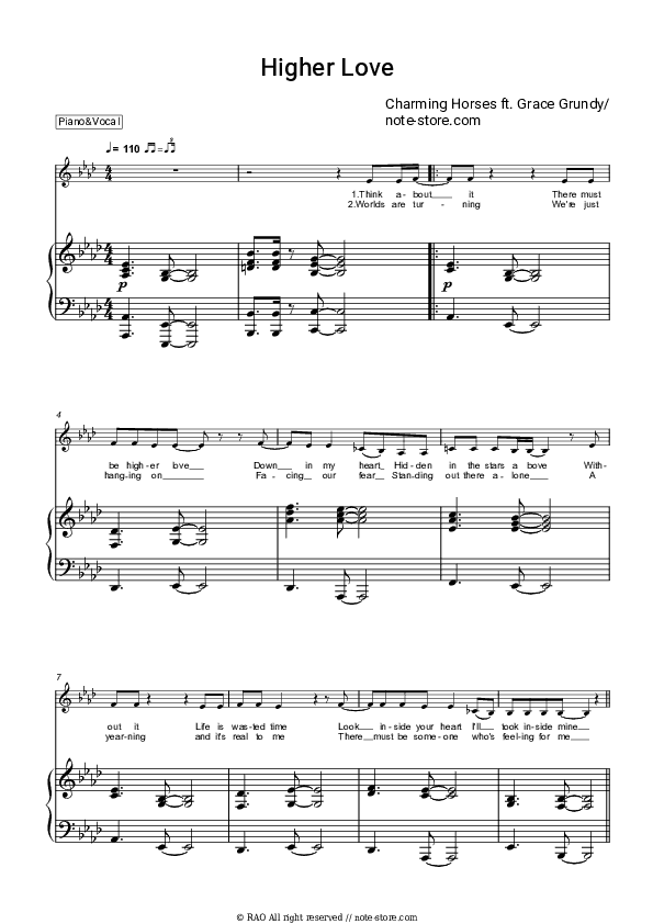 Higher Love - Charming Horses, Grace Grundy Piano Sheet Music with the Voice part - Piano&Vocal