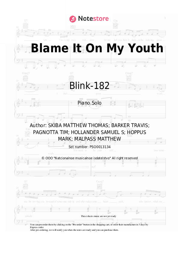 Blame It On My Youth - Blink-182 Piano Sheet Music - Piano.Solo
