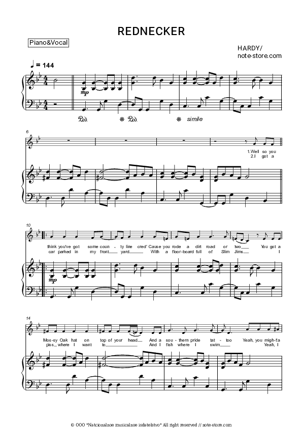 REDNECKER - HARDY Piano Sheet Music with the Voice part - Piano&Vocal