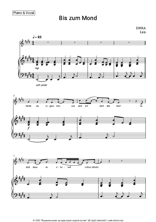 Bis zum Mond - DIKKA, LEA Piano Sheet Music with the Voice part - Piano&Vocal