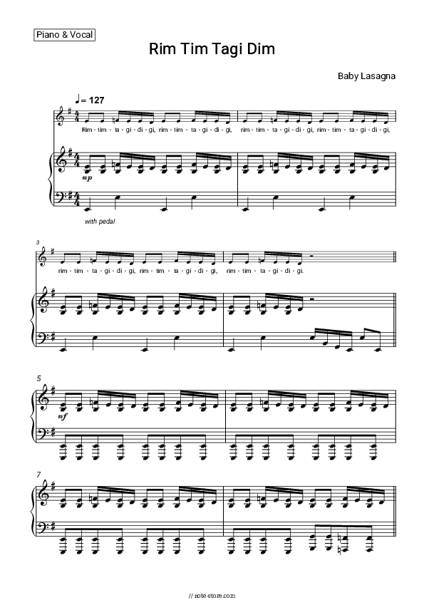 Rim Tim Tagi Dim - Baby Lasagna Piano Sheet Music with the Voice part - Piano&Vocal