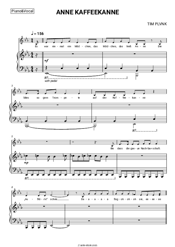 ANNE KAFFEEKANNE - TIM PLVNK Piano Sheet Music with the Voice part - Piano&Vocal