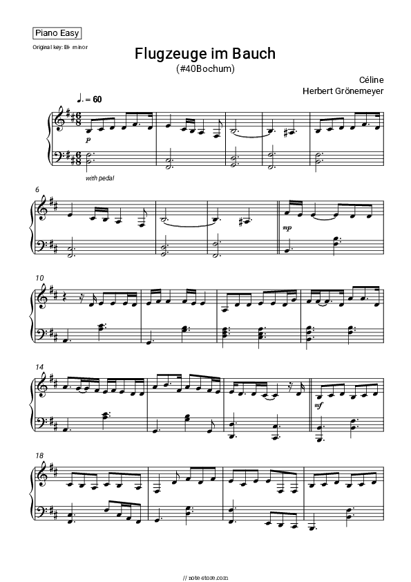 Flugzeuge im Bauch (#40Bochum) - Céline, Herbert Grönemeyer Piano Sheet Music Easy - Piano.Easy