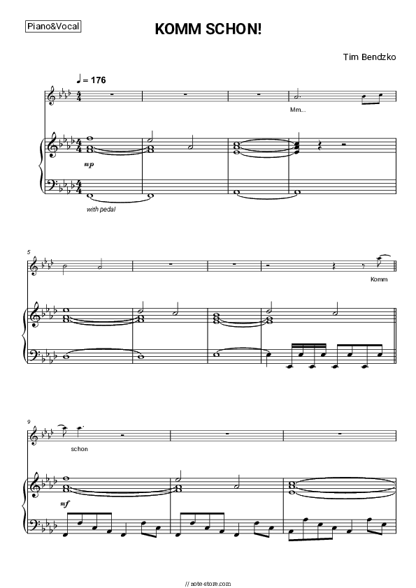 KOMM SCHON! - Tim Bendzko Piano Sheet Music with the Voice part - Piano&Vocal