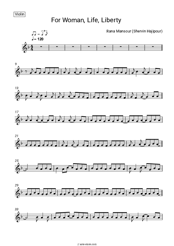 For Woman, Life, Liberty (Baraye) - Rana Mansour Violin Sheet Music - Violin