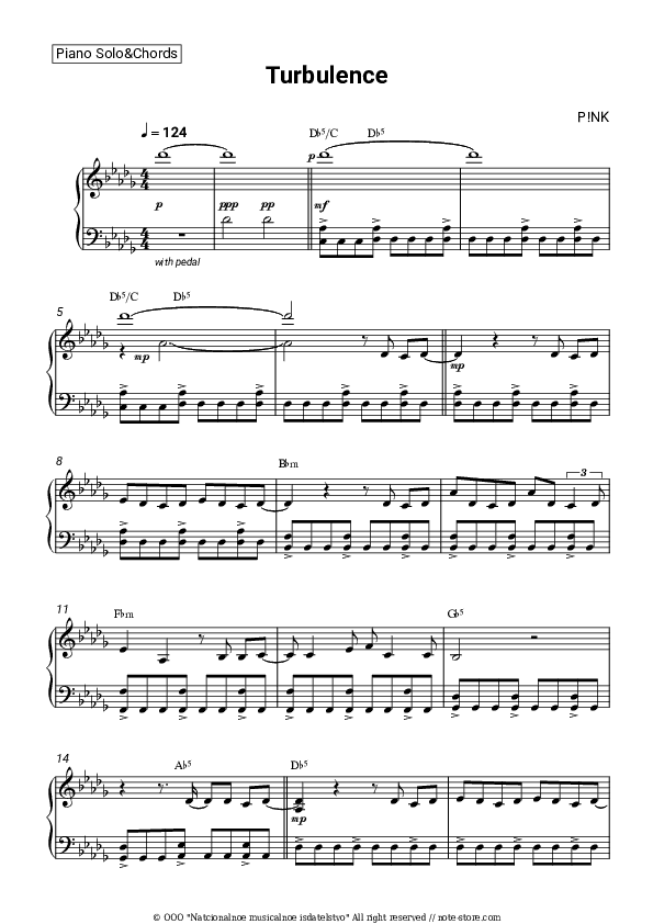 Turbulence - P!nk Piano Sheet Music and Chords - Piano.Solo&Chords