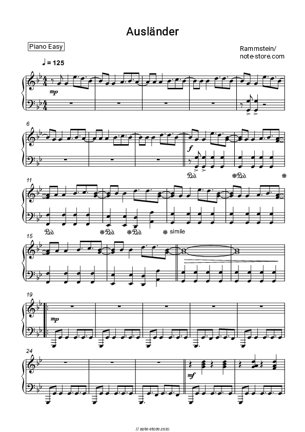 Ausländer - Rammstein Piano Sheet Music Easy - Piano.Easy